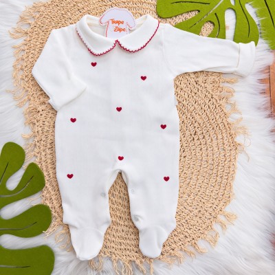  Macacão Tricotil (Tricot 100% Algodão) com Gola e Bordado - Off White Corações 